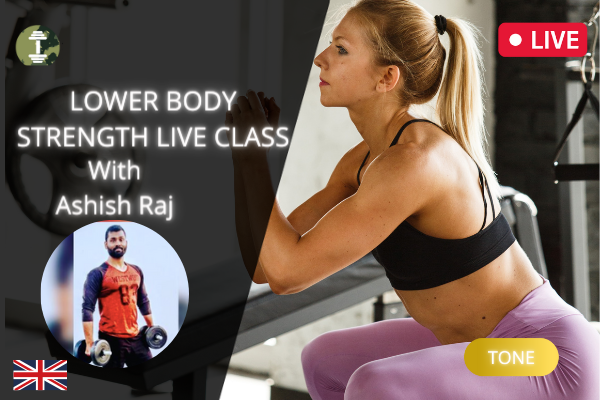 Lower Body Strengthening  Online Live Class course Cover, show trainer teaching during fitness video